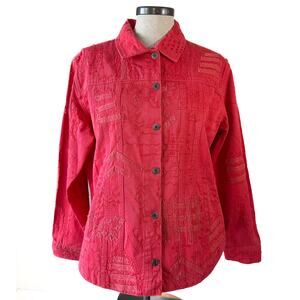 Chico’s Red Embroidered Jacket Size 2 Textured Cotton Boho Art Jacket